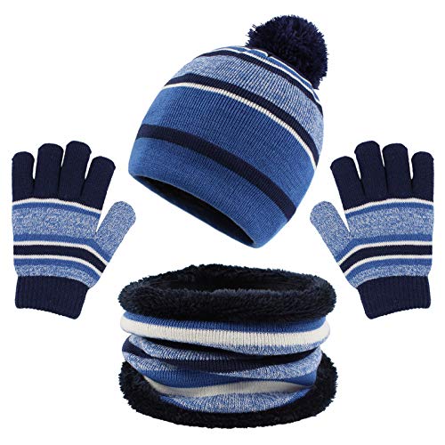 Pesaat Kinder Mütze Schal Handschuhe Set Herbst Winter Strickmütze Streifen Fleece Mützen Schals Für Mädchen Jungen (Blau) von Pesaat