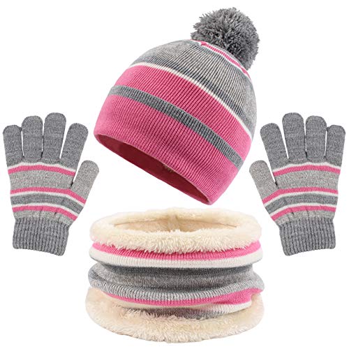 Pesaat Kinder Mütze Schal Handschuhe Set Herbst Winter Strickmütze Streifen Fleece Mützen Schals Für Mädchen Jungen (Rosa) von Pesaat