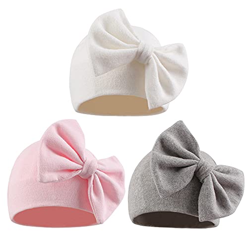 Pesaat Schleife Neugeborenes Baby Mädchen Mütze 100% Baumwolle Kleinkind Beanie Weiche Baby Mädchen Krankenhaus Mütze, Weiß+Pink+Grau, 0-6 Monate von Pesaat