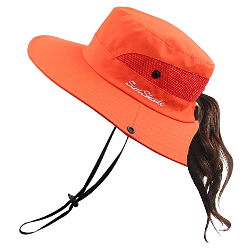 Pesaat Sonnenhut Damen UV Schutz Fischerhut knautschbarer Wasserfester Sommerhut mit Kinnband gartenhut Boonie hat damenfür Gartenarbeit Reisen Wandern Angeln (Orange-Einfarbig, Gr.Erwachsener) von Pesaat