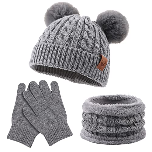 Pesaat Strickmütze Baby Beanie Winter 1-8Jahren Warme Fleece Kindermütze Baby Jungen Mädchen Mütze mit Weiche Schal Wintermütze Set (Grau(Hut+Schal), One Size) von Pesaat