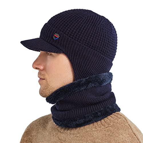 Pesaat Winter Beanie Mütze Schal Set Herren Wintermütze Winddicht Warme Strickmütze mit Flauschig-fleece Ohrenmütze für Kalte Jahreszeit(Marine) von Pesaat