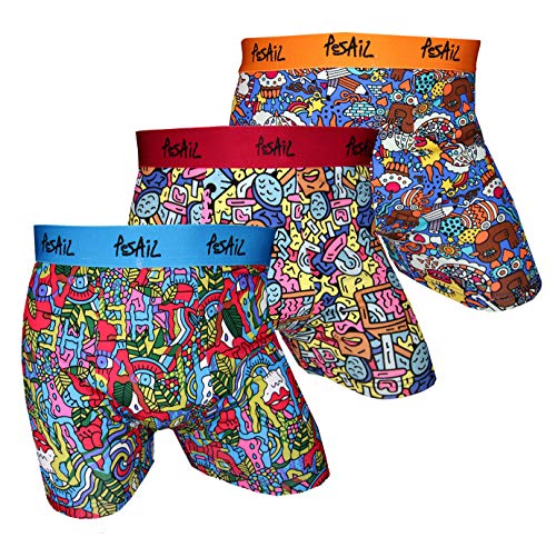 PESAIL Boxershorts Psychedelic Cartoon 3er Pack, Größe Medium (M), Farbe je 1x blau, rot, orange von PESAIL