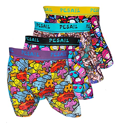 Pesail Psychedelic Cartoon Boxershorts 4er Pack, Größe X-Large (XL), Farbe je 1x senf, türkis, schwarz, lila von Pesail