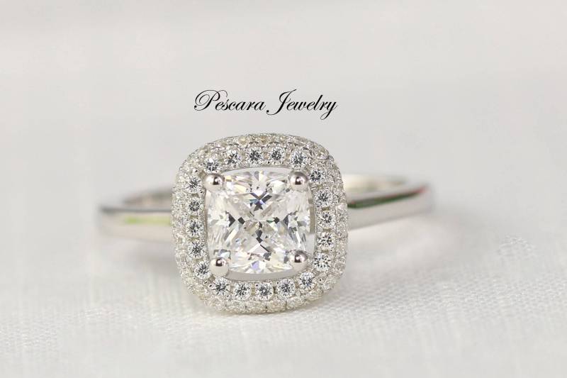 1, 3 Ctw Kissen-Halo-Verlobungsring - Kissenschliff-Ring Versprechensring Kissen Mit Schlichtem Band Cz-Diamant-Stimulans Sterlingsilber von PescaraJewelry