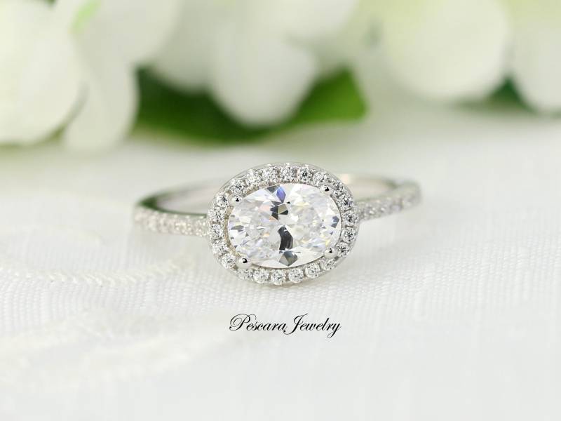 1.75Ctw Oval Halo Verlobungsring, Ost-West-Ring, Horizontale Ring, Cut Ehering, Cz Versprechen Sterling Silber von PescaraJewelry
