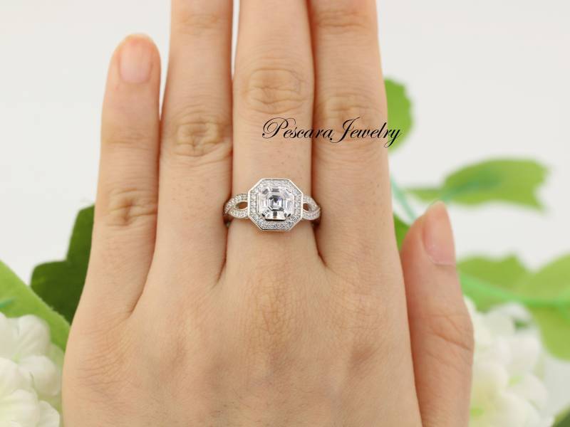 1.85Ctw Halo Verlobungsring, Asscher Cut Ring, Ehering, Diamant Simulant Cz Versprechensring, Sterling Silber von PescaraJewelry