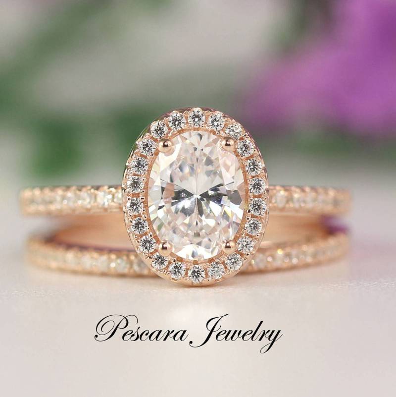 1.8Ct Tw Rosegold Oval Halo Verlobungsring Set - Cut Ring Versprechensring Diamant Stimulant -Sterling Silber von PescaraJewelry
