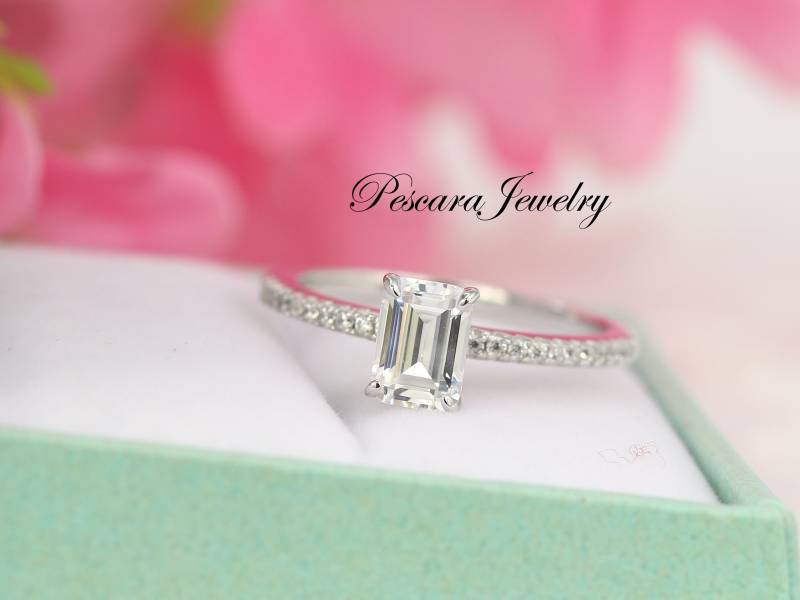 1Ct Emerald Cut Verlobungsring, Halbe Ewigkeit, 7 X 5 Mm Versprechensring, Ehering, Jubiläumsring, Sterlingsilber von PescaraJewelry