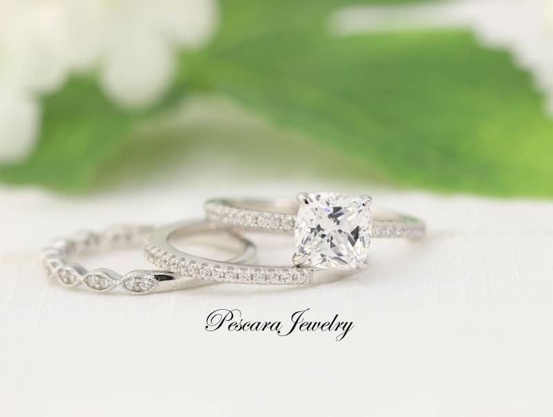 2 Karat | 7 Mm Kissenschliff Verlobungsring Set, Mix & Match Mit Passendem Halbring, Marquise Muster Halbem Oder Ganzem Eternity Band von PescaraJewelry