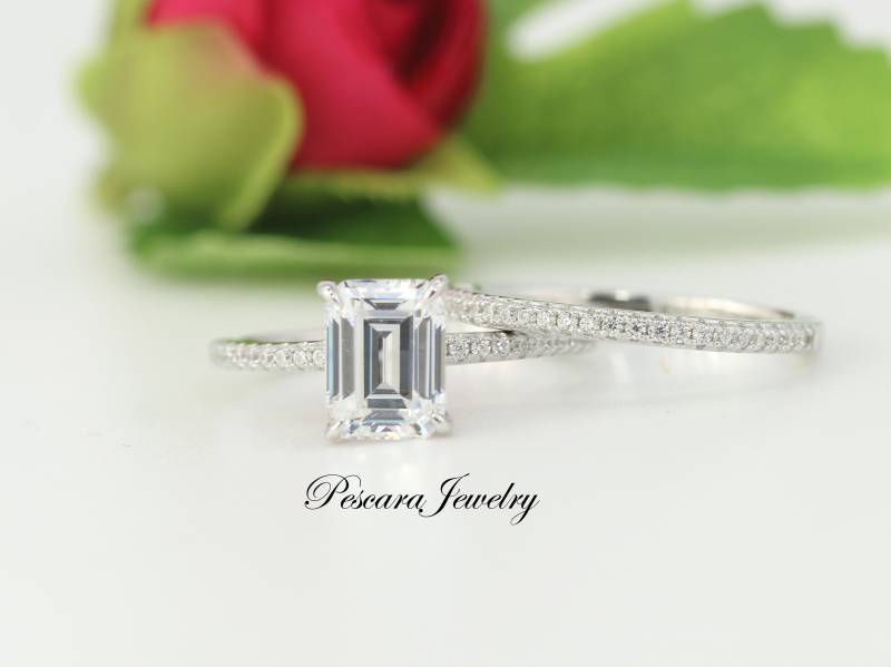 2 Karat Smaragdschliff Diamant Simulant Verlobungsring, Smaragd Solitärring, Brautring Set, Stapelbarer Ring, Versprechensring, Sterlingsilber von PescaraJewelry