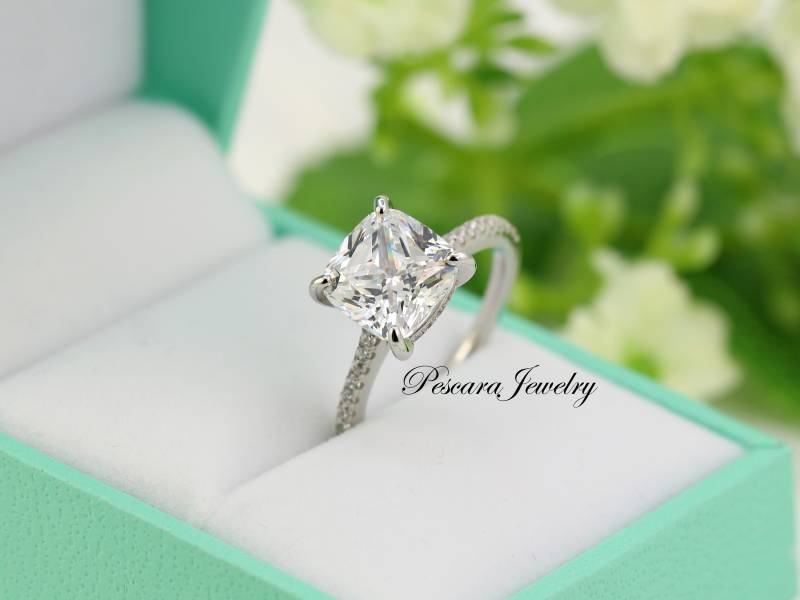 3 Karat | 9 Mm Kissenschliff Verlobungsring, Solitärring, Diamant Simulierter Cz-Kissen Versprechensring, Silber Ehering Set von PescaraJewelry
