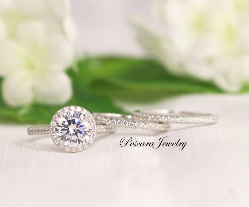 3 Karat Runder Halo Verlobungsring, Verlobungsring Set, Versprechensring - Sterling Silber von PescaraJewelry