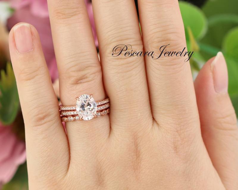 3.6 Ctw Oval Verlobungsring Set, Rosegold Ring, Blake Verlobungsring, Art Decro Enternity Band, 3 Ct Versprechensring, Sterling Silber von PescaraJewelry