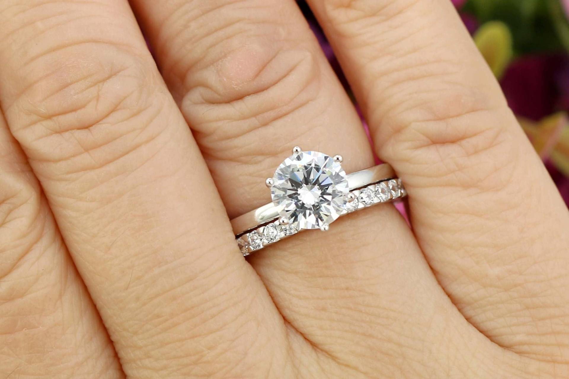 6 Zinken 2 Karat Runde Stapeln Braut Set, Korb Stil Solitär Verlobungsring, 2Ct Versprechensring, Rundschliff Ring, Sterling Silber von PescaraJewelry