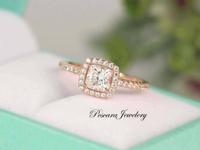 Halo-Verlobungsring Im 3/4-Prinzessin-Schliff - Verlobungsring Kleiner Ring Aus Roségold Sterlingsilber von PescaraJewelry