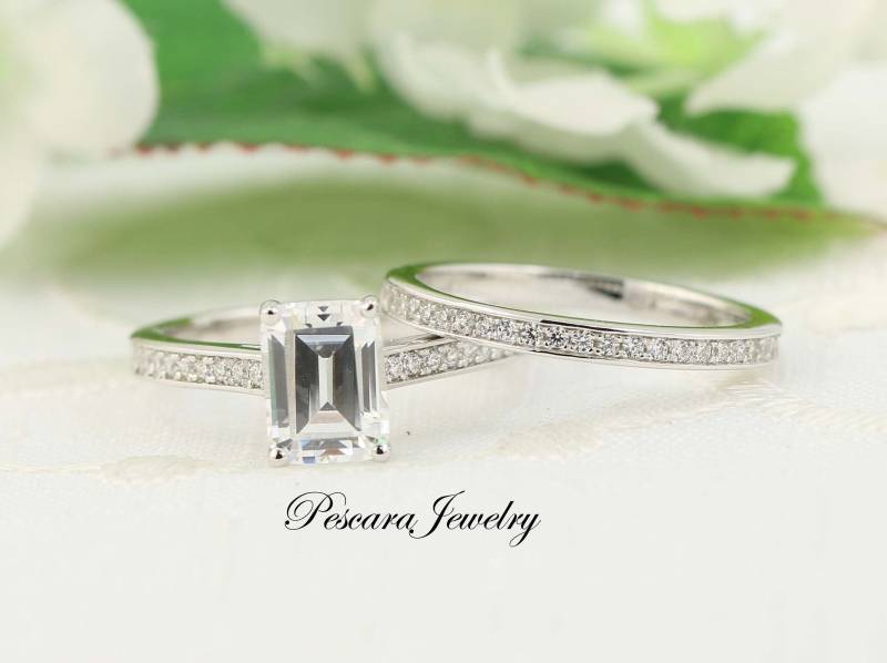 Hochzeit Ring Set , Verlobungsring Im Smaragdschliff Simulant Cz Diamant Solitärring Versprechensring von PescaraJewelry