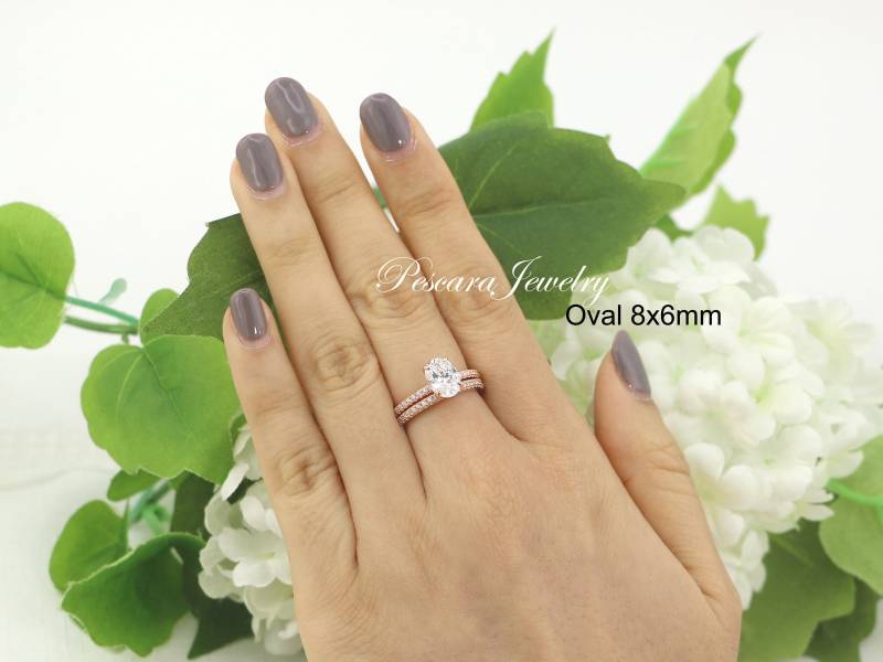 Rosegold Oval Verlobungsring Set, Sterling Silber Ehering, | 8 X 6 Mm Solitärring, Stapelring, Cz Ovalring von PescaraJewelry