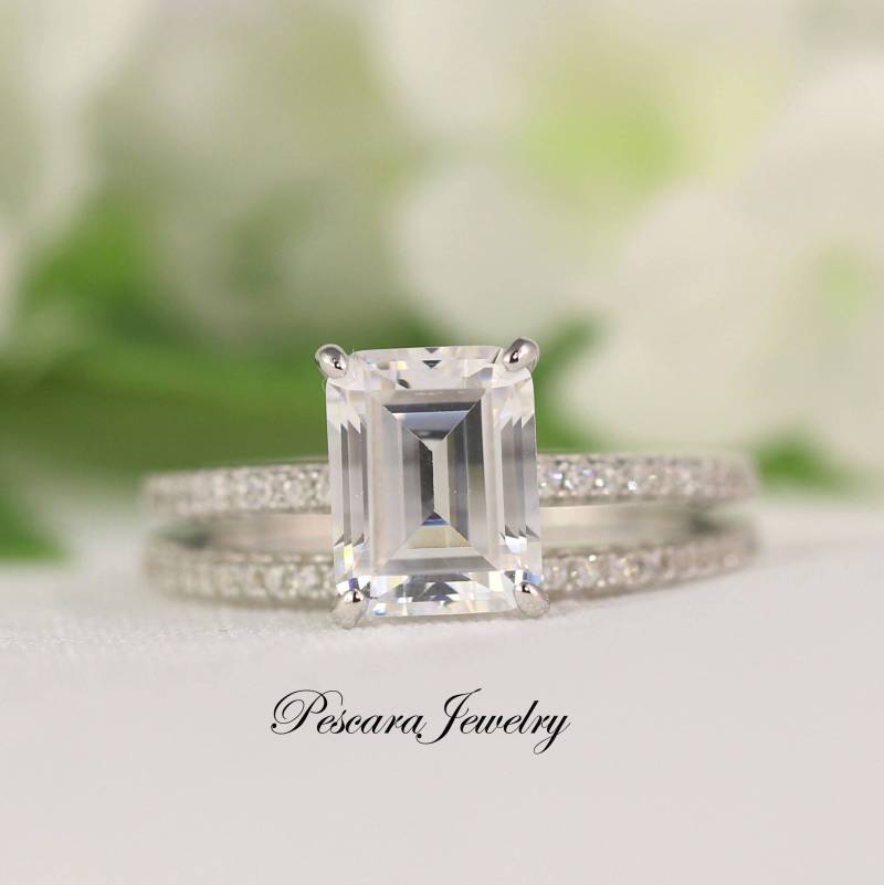 Smaragdschliff Verlobungsring, Ehering Set, Cubic Zirkonia Versprechensring, Silber Cz Smaragdschliffring | 3Ct Zentrum von PescaraJewelry