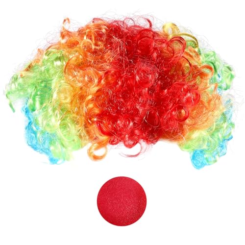Pesfehhy Rot Clown Nase Schaum + Mehrfarbige Clown-Peruecke Fuer Rollenspiel Peruecke von Pesfehhy