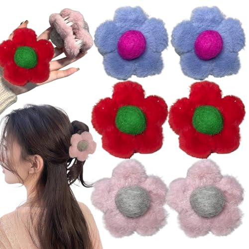 Klauenklammern für dicke Haare, Blütenhaarklammern für Frauen, 6pcs Fuzzy Haarklammern, Plüsch niedliche Haarklammern Dekorative Winterfrisur Klauenklauen, Haarzubehör für Frauen von Pesoncarl