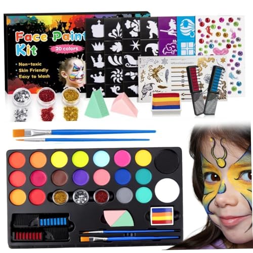 Schminken -Kit, 20 Farben Gesichtsfarbe Make -up -Kit mit Pinsel und Schablonen, ungiftige Gesichtsfarbe Körperfarbe für Kinder, Erwachsene, Halloween, Karneval, Fingerfarben von Pesoncarl