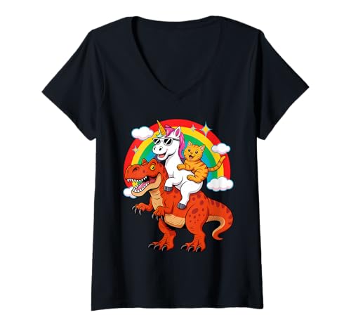 Damen Funny Unicorn Cat Riding Dinosaur T-Rex Rainbow Space Galaxy T-Shirt mit V-Ausschnitt von Pet Animal Lover USA Zoo Day Costume Theme Parties