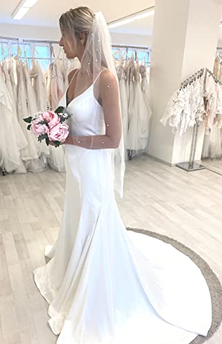 Pet-Jos Brautschleier mit Kämmen 1 Tier, Schleier mit Perlen, Wunderschönen Schleier mit Perlen Schnitt Kante Hochzeit Zubehörteil zum Braut (Elbow 63.5 cm, Hell Elfenbein) von Pet-Jos