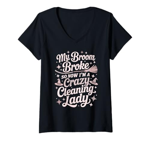 Damen Niedlicher Besen für die Reinigung der Dame, zerbrochene Hexe, Staubtruppe T-Shirt mit V-Ausschnitt von Pet Owner Ninja Straight Outta Scrub Vacuum Tidy