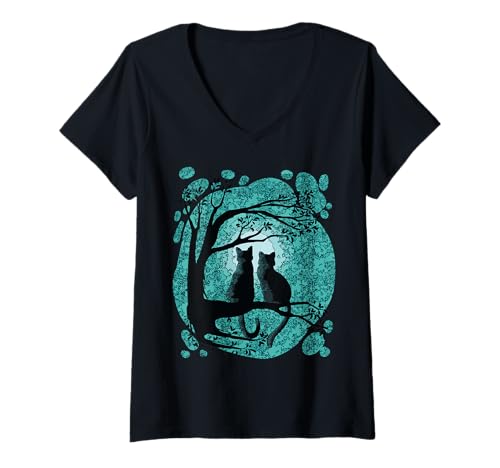 Damen Niedliche Katzen-Silhouetten unter einem Baum im Mondlicht T-Shirt mit V-Ausschnitt von Pet Owners - Cat Care Tips