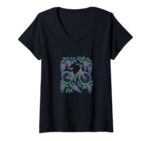 Damen Skurriles Fahrrad mit kaskadierenden Glyzinien-Blumen T-Shirt mit V-Ausschnitt von Petal Path Emporiums