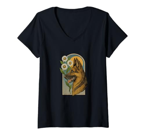 Damen Deutscher Schäferhund Gänseblümchen Blumen Hund Kunst Sommer T-Shirt mit V-Ausschnitt Damen Deutscher Schäferhund Gänseblümchen Blumen Hund Kunst Sommer T-Shirt mit V-Ausschnitt von Petal Paws Union Arts