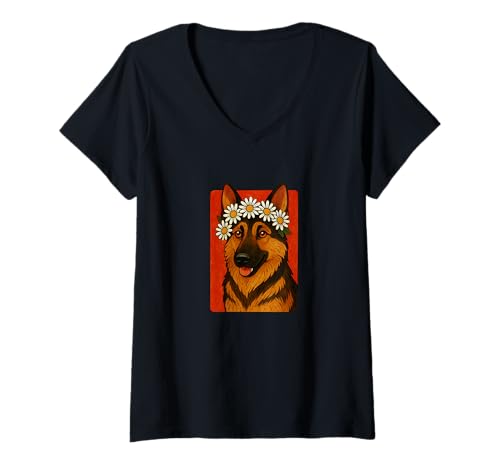 Damen Deutscher Schäferhund Gänseblümchen Krone Floral Hund Kunst Sommer T-Shirt mit V-Ausschnitt Damen Deutscher Schäferhund Gänseblümchen Krone Floral Hund Kunst Sommer T-Shirt mit V-Ausschnitt von Petal Paws Unions
