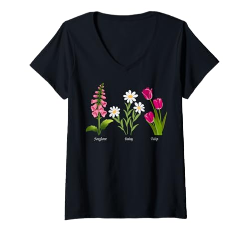 Damen Foxglove Daisy Tulip – Vintage Floral Bloom for Nature Lover T-Shirt mit V-Ausschnitt von Petal & Fern Studio