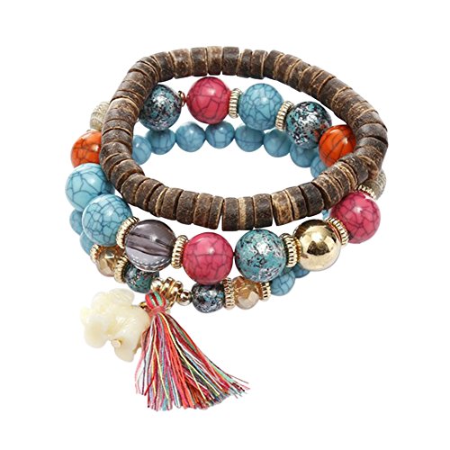 Damen Armband Böhmisch Set Quaste Vintage Elefant Anhänger Jade Perlen Bunt Ethnisch Charme Thurcolas Stretcharmband Buddha-Armband 3pcs (Blau) von Petalum