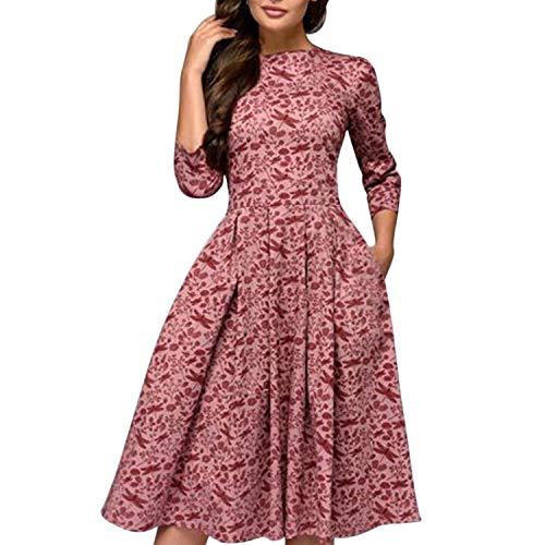 Peltalum Damen Hoch Taile Kleid mit Beiläufigen Blumen 3/4 Ärmel Großer Rock Knielang Rund Kragen Printed Reißverschuss von Petalum