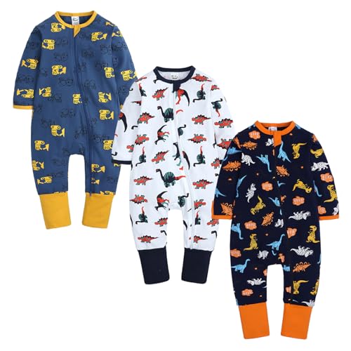 Petalum 3pcs Baby Pyjamaset Strampler Baumwolle Langarm Schalfoverall Kleinkind Schlafanzug Reißverschluss ohne Fuß Einteiliger für Mädchen Jungen A 12-24Monate von Petalum