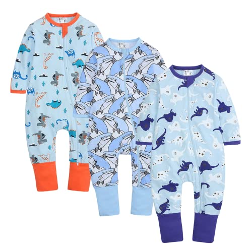Petalum 3pcs Baby Pyjamaset Strampler Baumwolle Langarm Schalfoverall Kleinkind Schlafanzug Reißverschluss ohne Fuß Einteiliger für Mädchen Jungen A 3-6Monate von Petalum