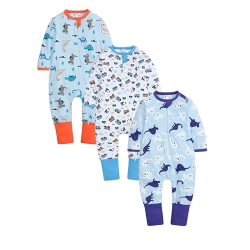 Petalum 3pcs Baby Pyjamaset Strampler Baumwolle Langarm Schalfoverall Kleinkind Schlafanzug Reißverschluss ohne Fuß Einteiliger für Mädchen Jungen K 9-12Monate von Petalum