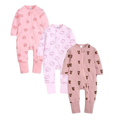 Petalum 3pcs Baby Pyjamaset Strampler Baumwolle Langarm Schalfoverall Kleinkind Schlafanzug Reißverschluss ohne Fuß Einteiliger für Mädchen Jungen M 6-9Monate von Petalum