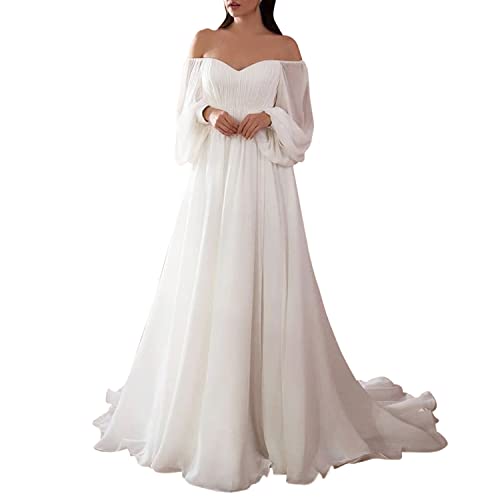 Petalum Abendkleid Damen Elegant Off Shoulder Cocktailkleid Lange Ärmel Maxi Kleid Weiß 38 von Petalum