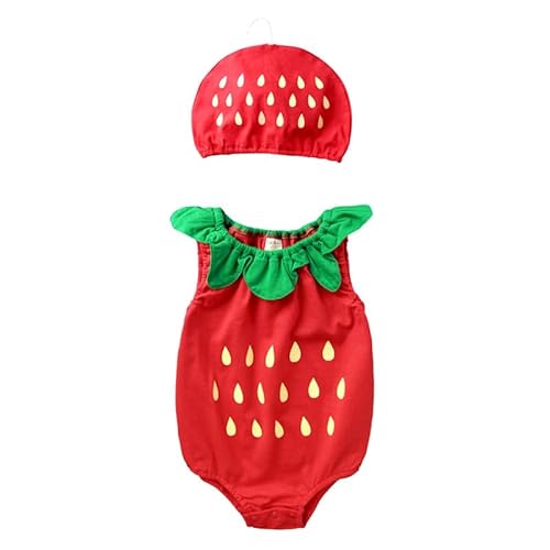 Petalum Baby Body Kostüm ärmellos Strampler Baumwolle Onesies Erdbeere Wassermelone Ananas Overall mit Hut Halloween Karneval Fasching Spielkostüm Cosplay Kleidung Set für 3-18 Monate von Petalum