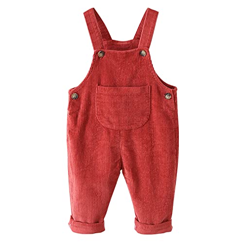 Petalum Baby Cord Latzhose Jungen Mädchen Kleinkind Vintage Ärmellose Strampler Overall Kordsamt Hose Hosenträger Jumpsuit mit Tasche Rot 12-18 Monate von Petalum