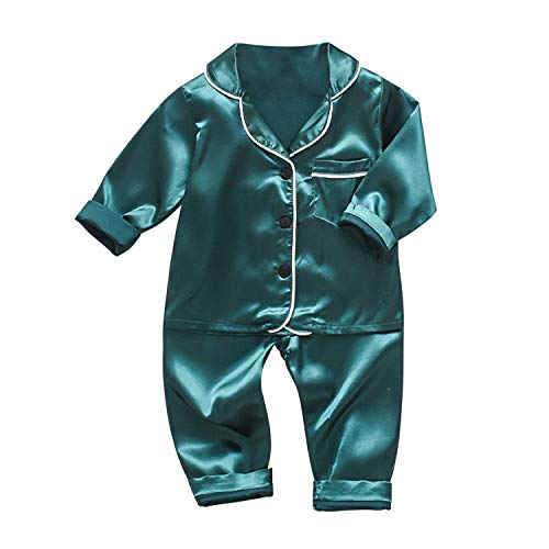 Petalum Baby Mädchen Junge Pyjamas Set Zweiteilige Schlafanzug Button Down Kinder Nachtwäsche Langarm Satin Top Hosen Hausanzug Outfit Grün 6-12 Monate von Petalum
