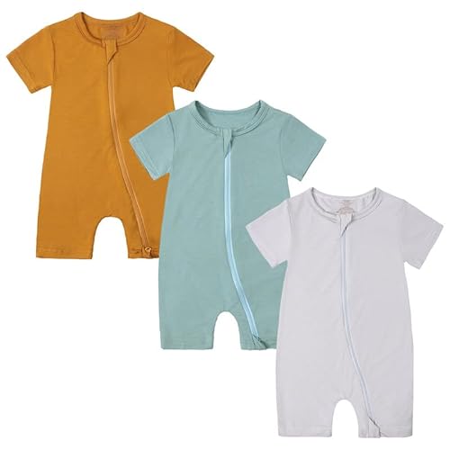 Petalum Baby Mädchen Pyjama Sommer Kurzarm mit Doppelte Reißverschluss 3pcs Kleinkind Jungen Schlafstrampler Solid Jumpsuit Body Spieler Outfits 0-24 Monate von Petalum