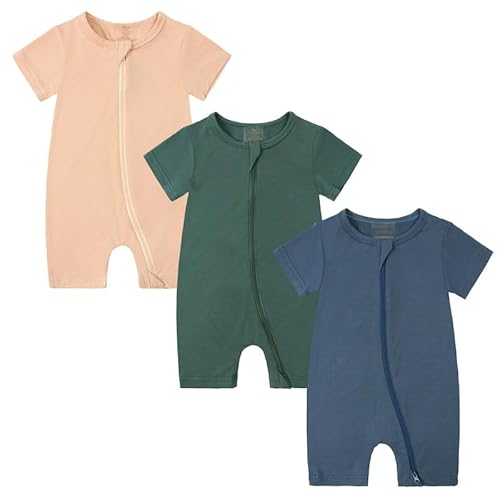 Petalum Baby Mädchen Pyjama Sommer Kurzarm mit Doppelte Reißverschluss 3pcs Kleinkind Jungen Schlafstrampler Solid Jumpsuit Body Spieler Outfits 0-24 Monate von Petalum