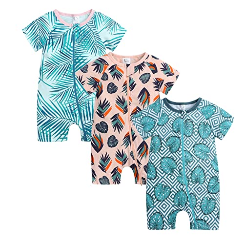 Petalum Baby Mädchen Pyjama Sommer aus Baumwolle Kurzarm mit Reißverschluss 3pcs Kleinkind Jungen Schlafstrampler Drucken Jumpsuit Body Spieler Outfits 12-24 Monate Set Q von Petalum