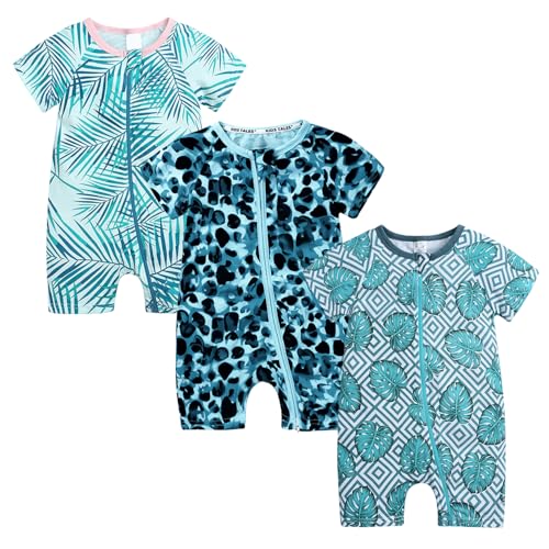 Petalum Baby Mädchen Pyjama Sommer aus Baumwolle Kurzarm mit Reißverschluss 3pcs Kleinkind Jungen Schlafstrampler Drucken Jumpsuit Body Spieler Outfits 12-24 Monate Set Q von Petalum