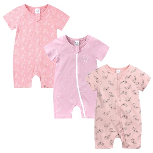 Petalum Baby Mädchen Pyjama Sommer aus Baumwolle Kurzarm mit Reißverschluss 3pcs Kleinkind Jungen Schlafstrampler Drucken Jumpsuit Body Spieler Outfits 12-24 Monate Set R von Petalum