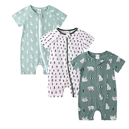 Petalum Baby Mädchen Pyjama Sommer aus Baumwolle Kurzarm mit Reißverschluss 3pcs Kleinkind Jungen Schlafstrampler Drucken Jumpsuit Body Spieler Outfits 2-3 Jahre Set S von Petalum